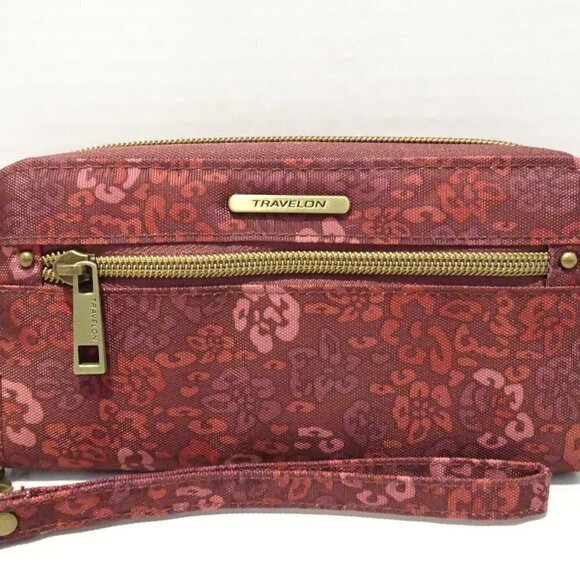 TRAVELON Pink Maroon Floral Print Zip Around Wallet Clutch Organizer Travel - Picture 1 of 8
